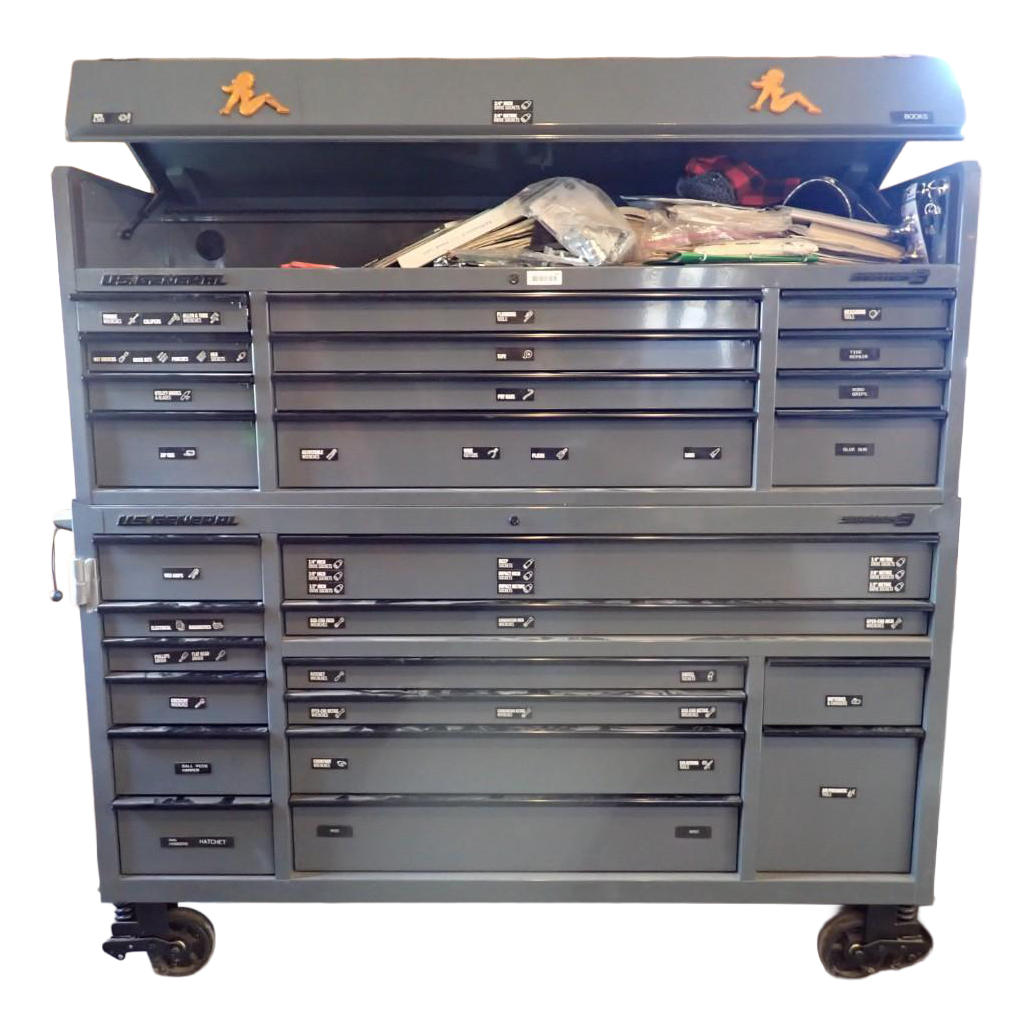 Gray rolling tool chest with many drawers and an open top compartment, shown on casters.