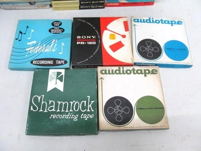 Five vintage audio tape boxes of different brands, including Sony and Shamrock, in various colors.