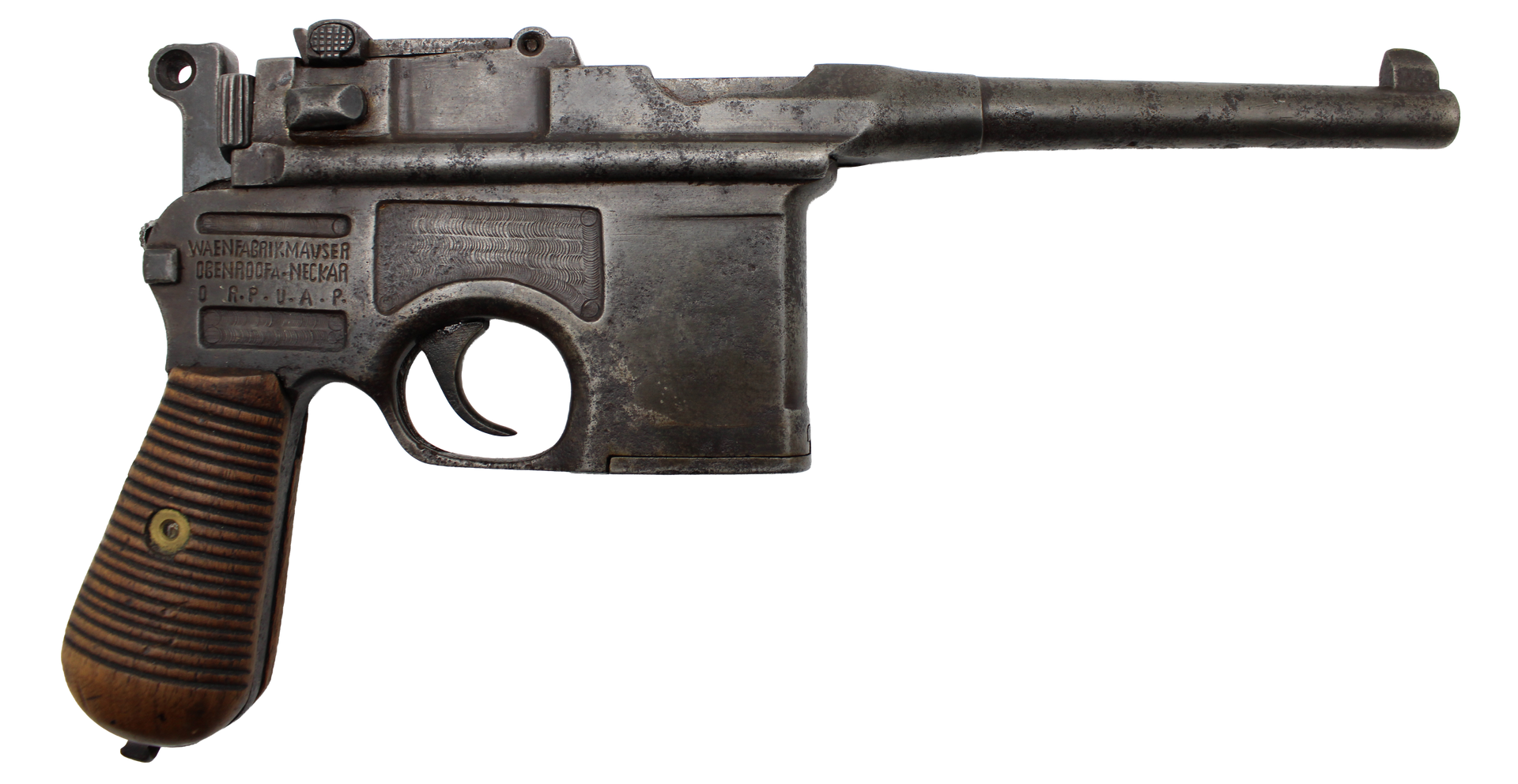 Mauser C96 pistol, dark metal with wooden grip. Side view, barrel pointing right.