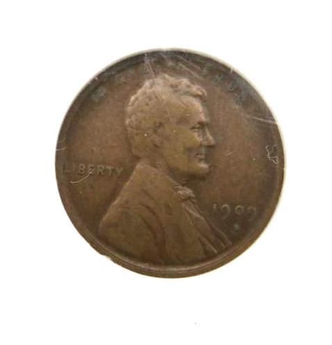 Obverse of a 1909 Lincoln wheat penny; copper-colored, with Lincoln's profile and