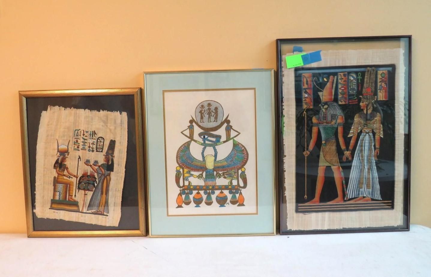 Three framed Egyptian papyrus artworks.