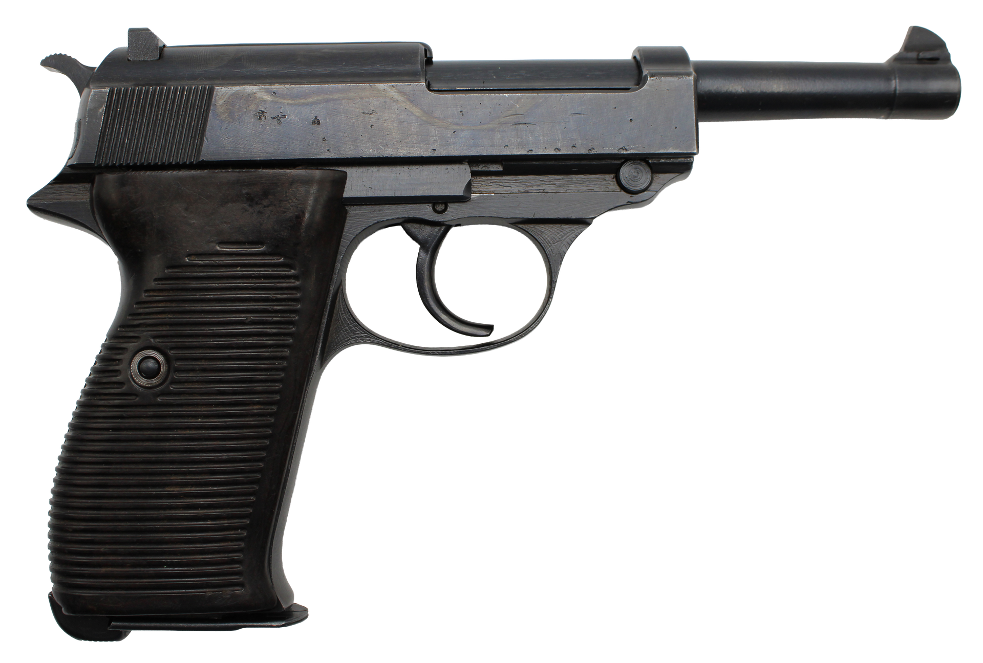 Black Walther P38 pistol with ribbed grip, muzzle pointed right.