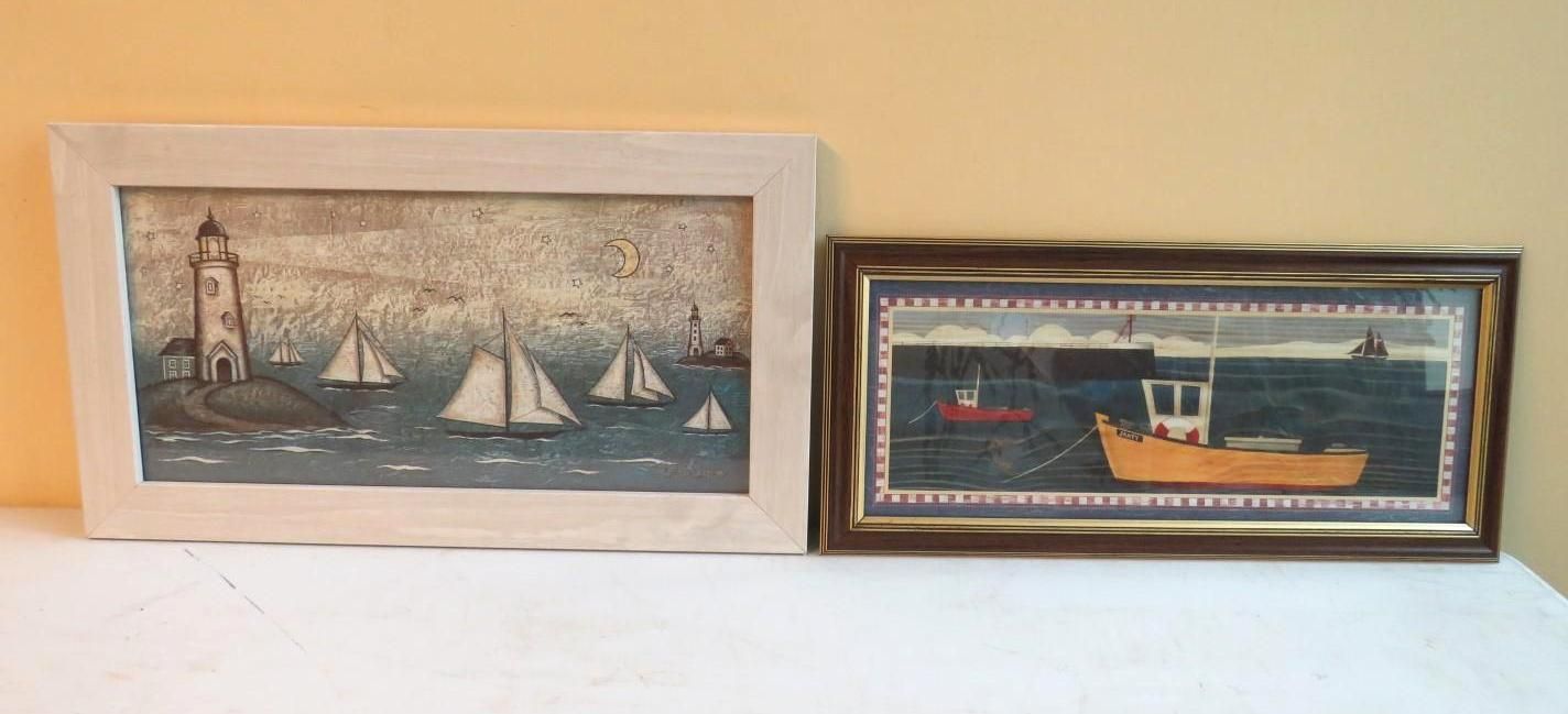 Two framed folk art paintings: a seascape with sailboats and a harbor scene with boats.