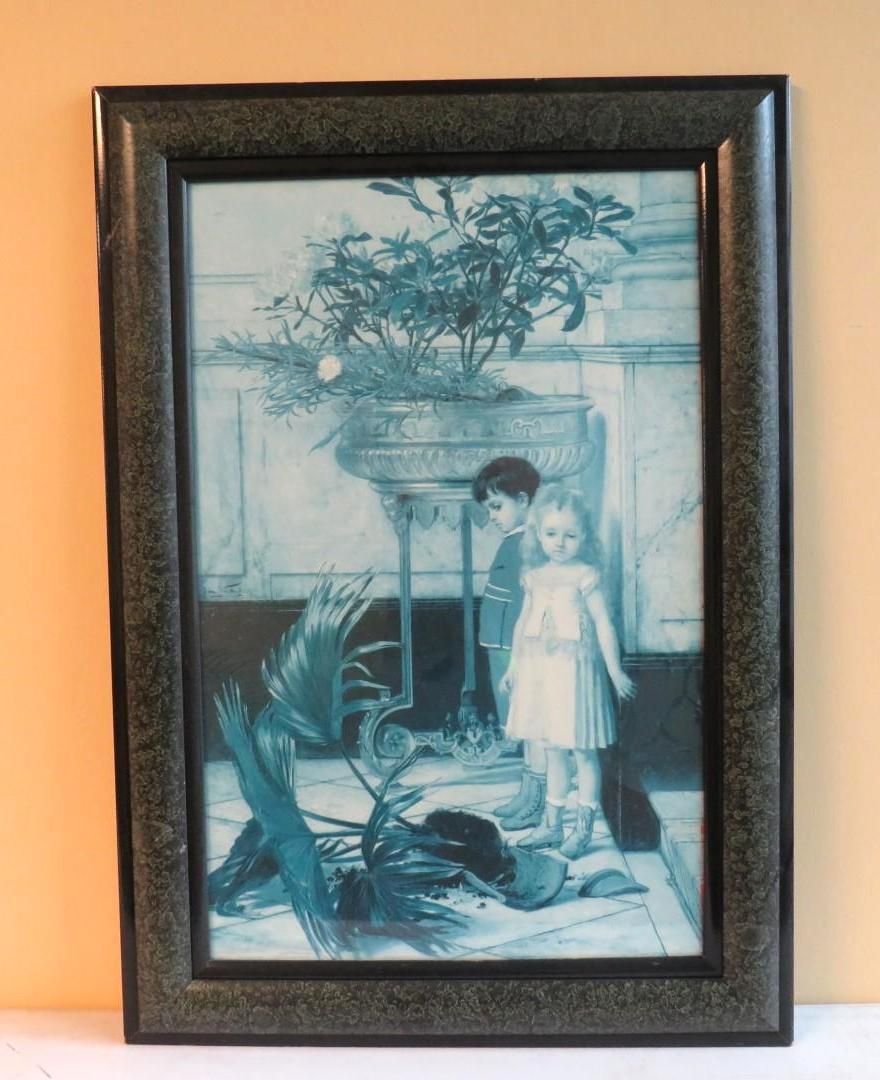Artwork of two children near a potted plant, indoors. Blue-toned print, framed.