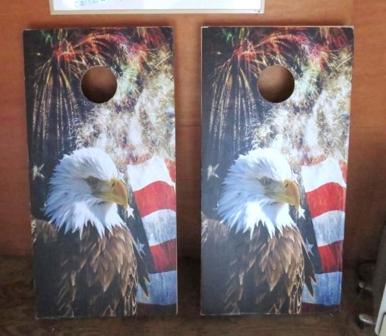 Cornhole boards: Bald eagle, American flag, fireworks, patriotic design.