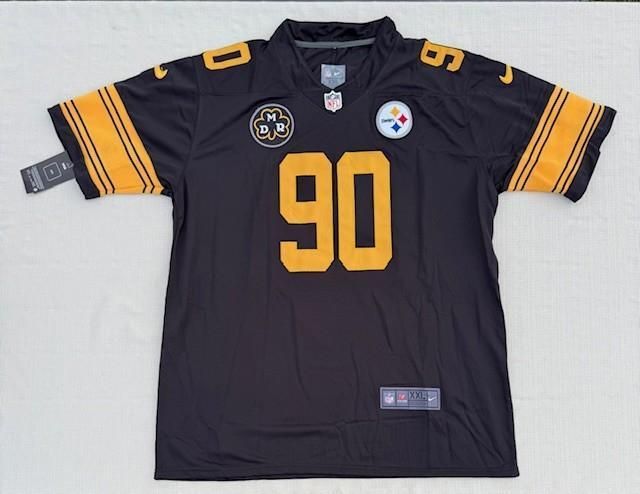 Black Pittsburgh Steelers football jersey, number 90, with yellow accents.