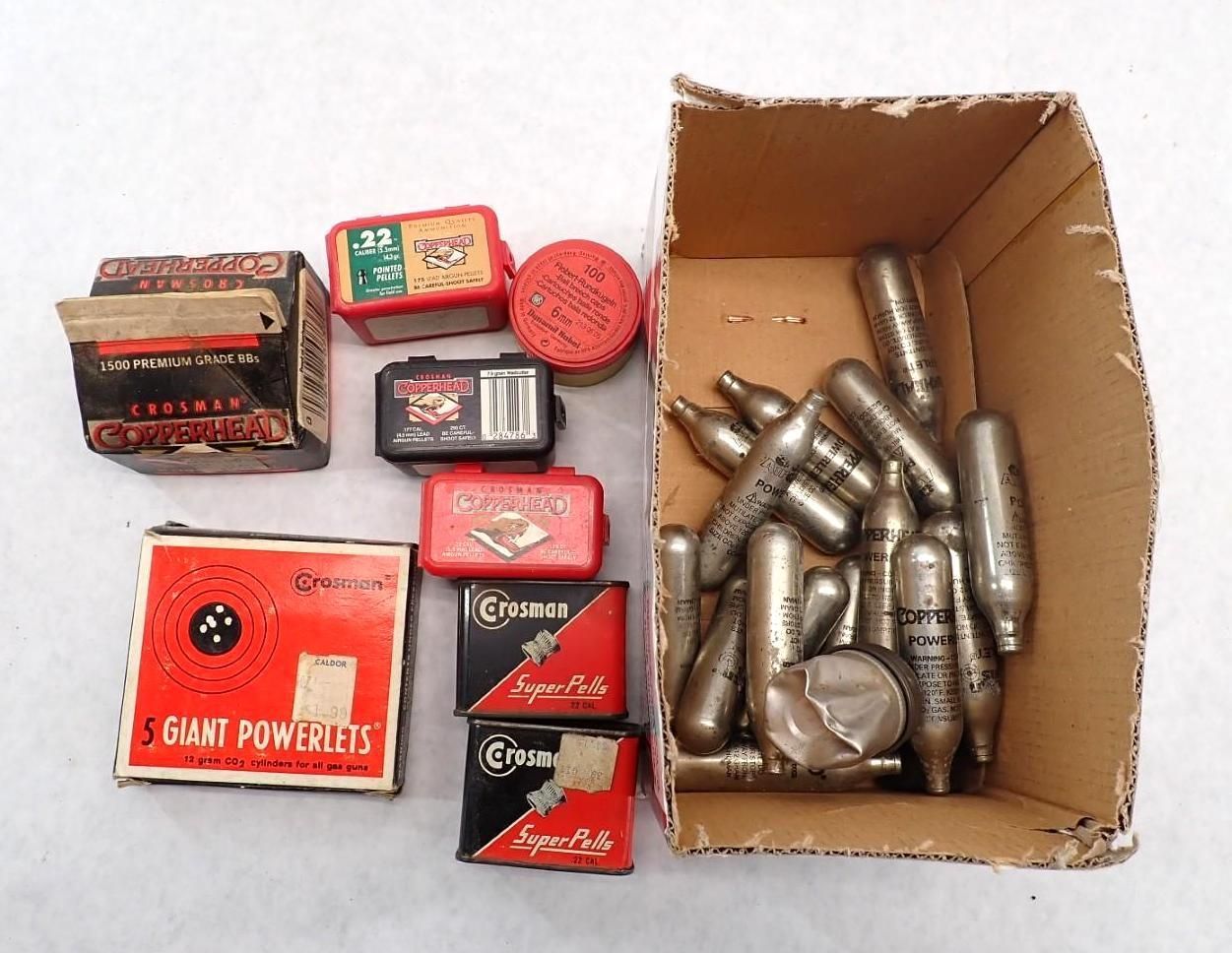 Assortment of small boxes and silver canisters in a cardboard box, possibly containing CO2 cartridges.