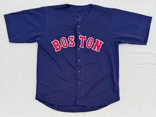 Blue Boston baseball jersey with red lettering.