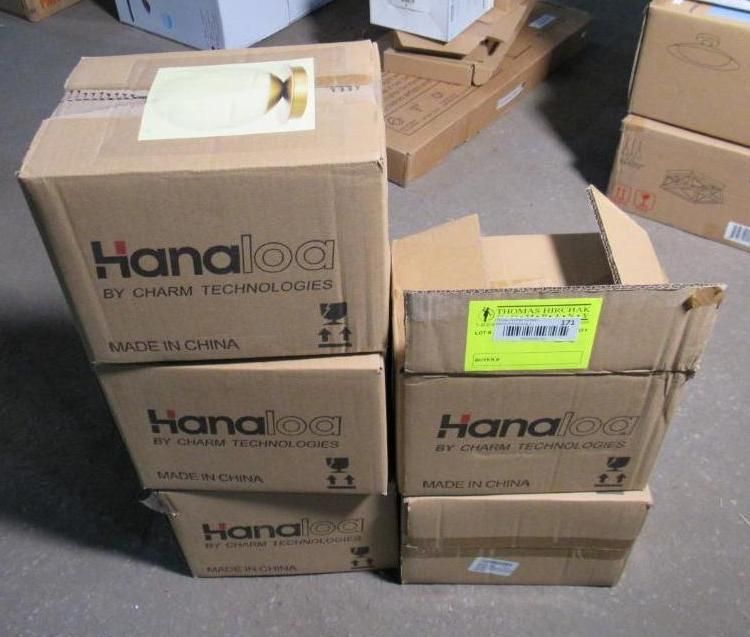 Cardboard boxes stacked, labeled