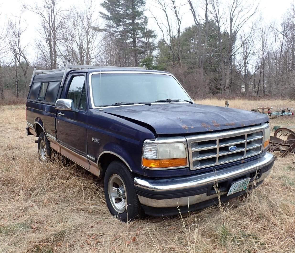 A dark blue Ford F-150 pickup truck with a camper shell parked in a grassy field.