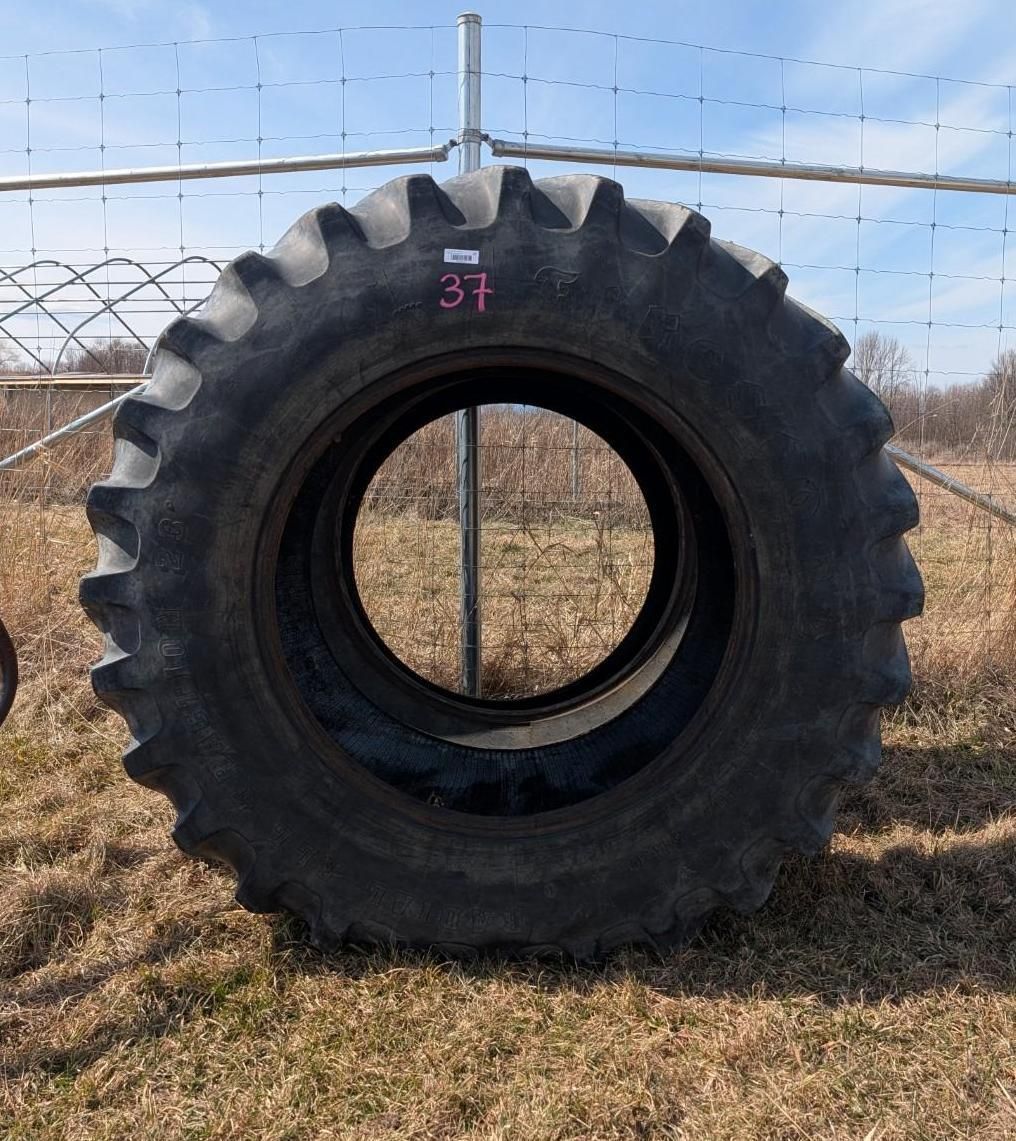 A large agricultural tractor tire standing upright in a field, marked with the number 37 in pink.