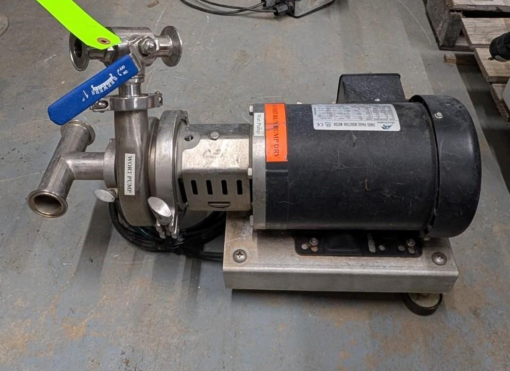 Industrial pump/motor assembly with blue  valve handle mounted on a metal base