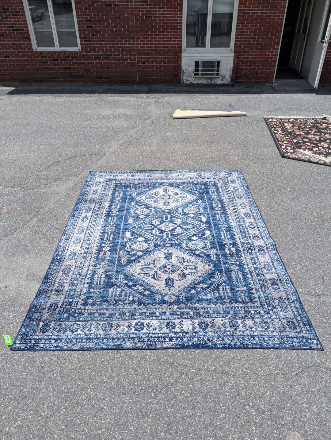 Blue patterned rug laid out flat