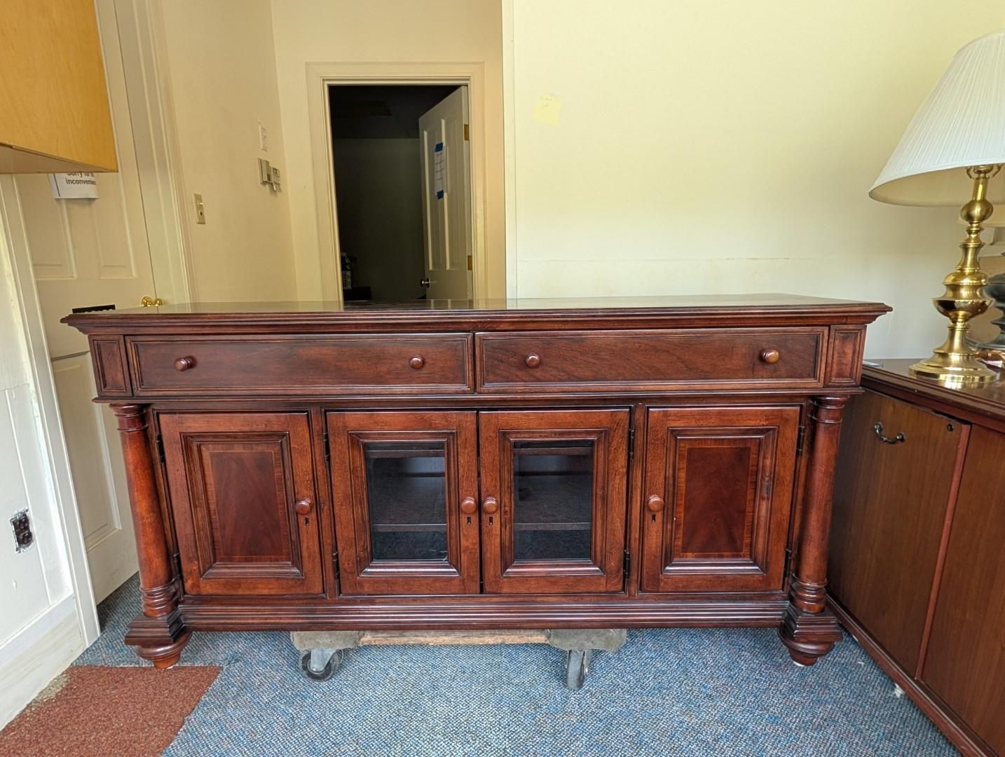 Dark wood sideboard cabinet with wheels 