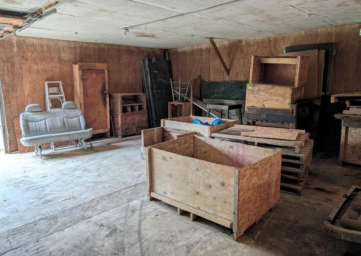 workshop with wooden crates, pallets