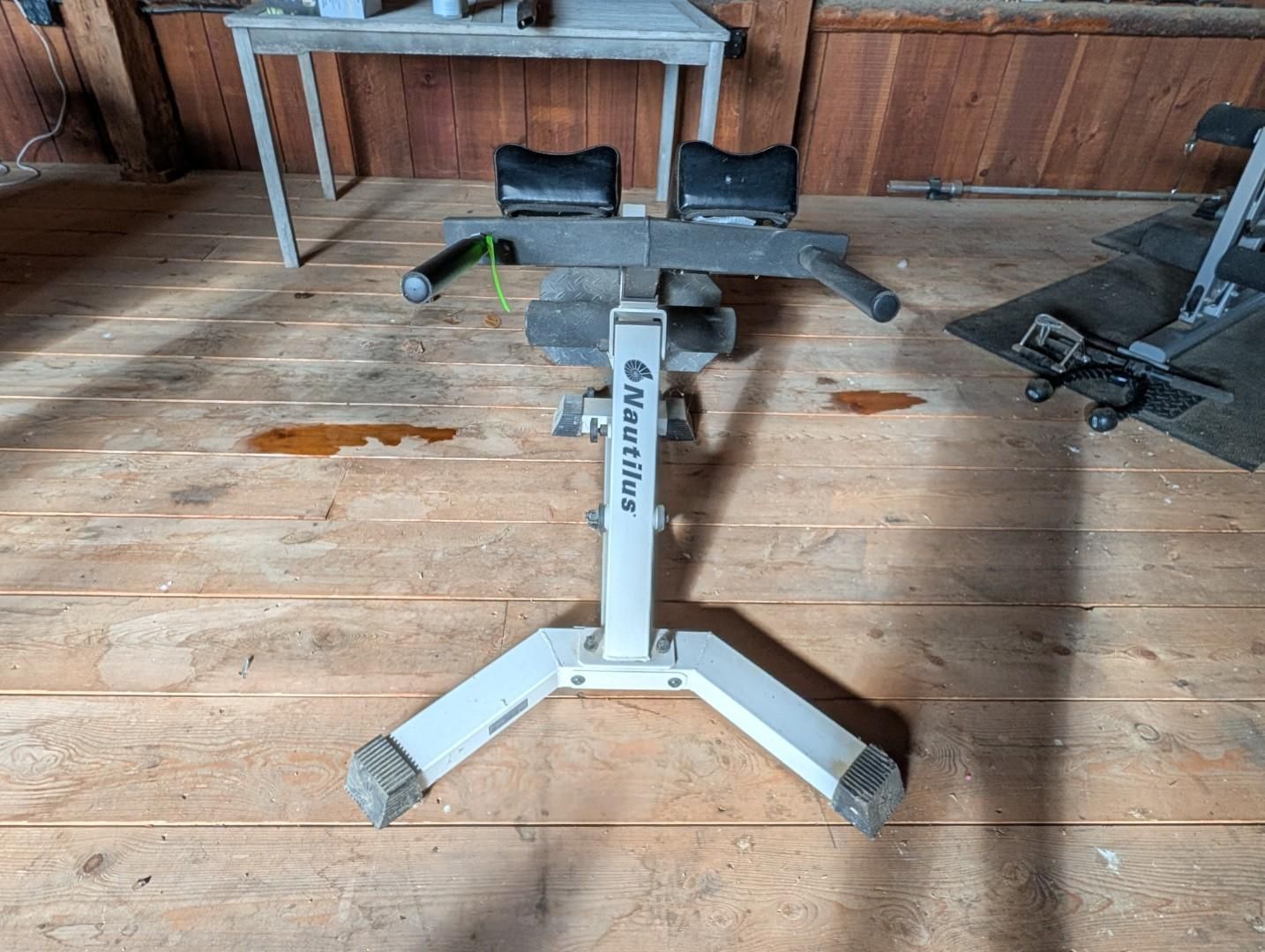 White inversion table in a wood-paneled room, with a black padded support and silver base.