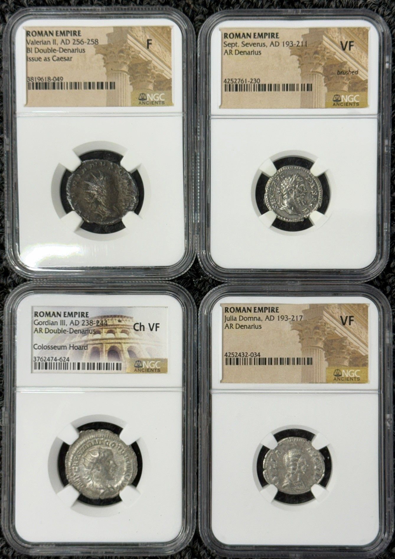 Four graded coin slabs arranged in a 2x2 grid on a white background