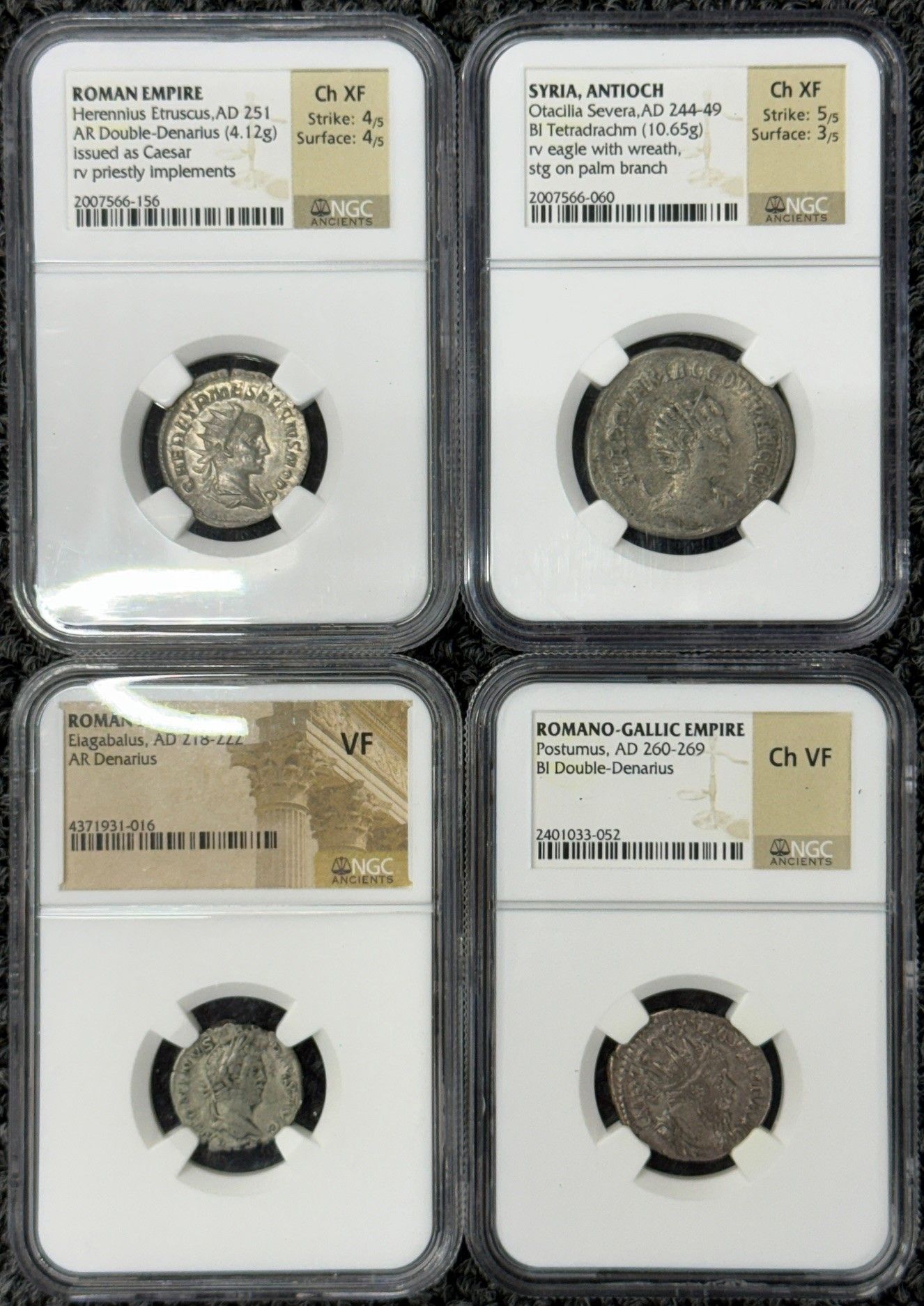 Four graded coin slabs in a 2x2 grid on a white background.