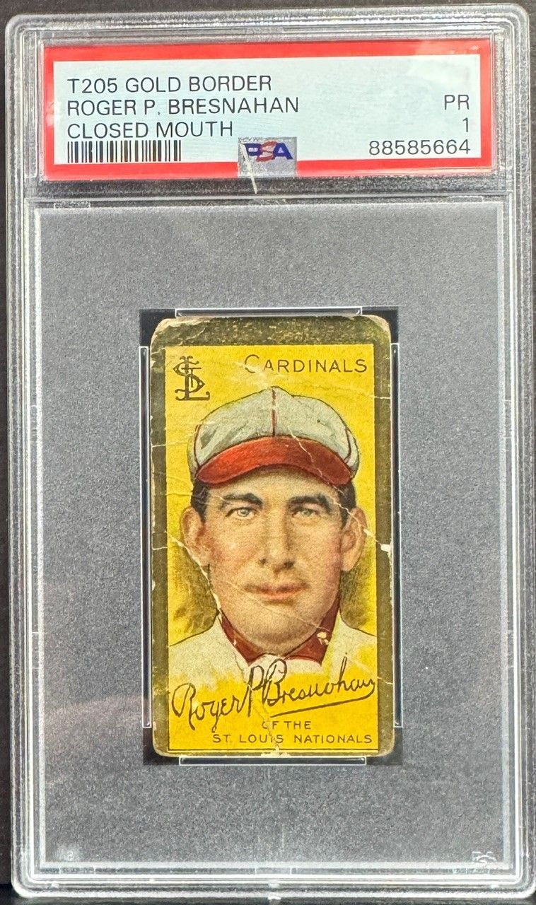 Encased vintage baseball card with yellow background and a red-capped player portrait
