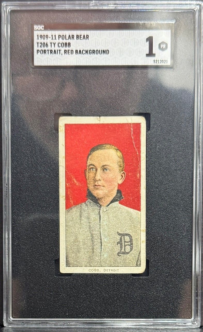 Vintage baseball card in a clear plastic holder with a red portrait and a Detroit Tigers logo.