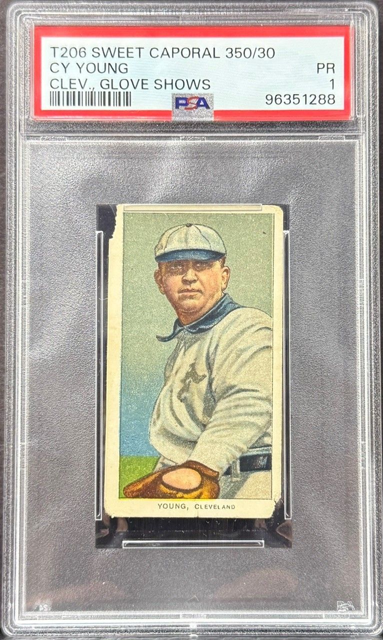 Vintage baseball card in a plastic slab, featuring a sepia portrait