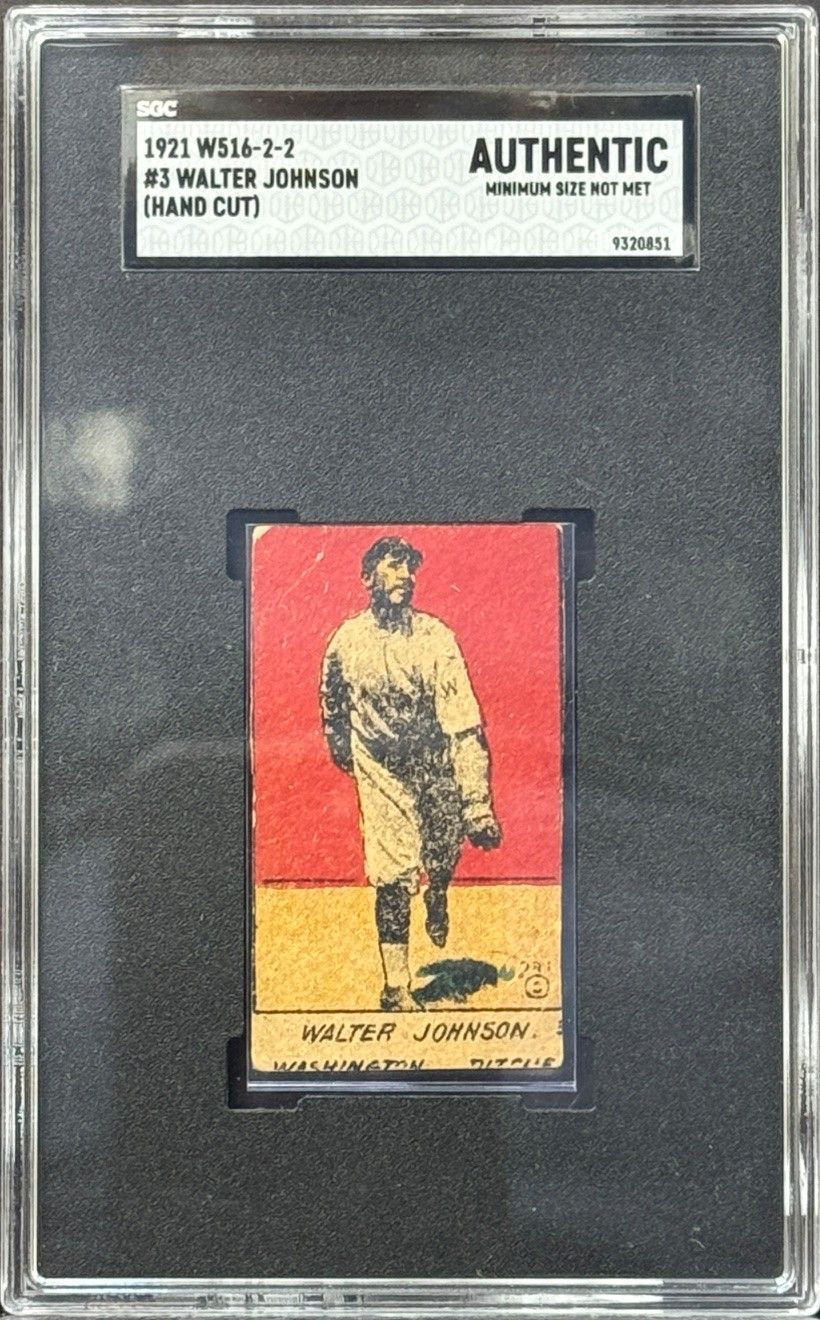Graded vintage baseball card with small player portrait on red and yellow background in a protective slab