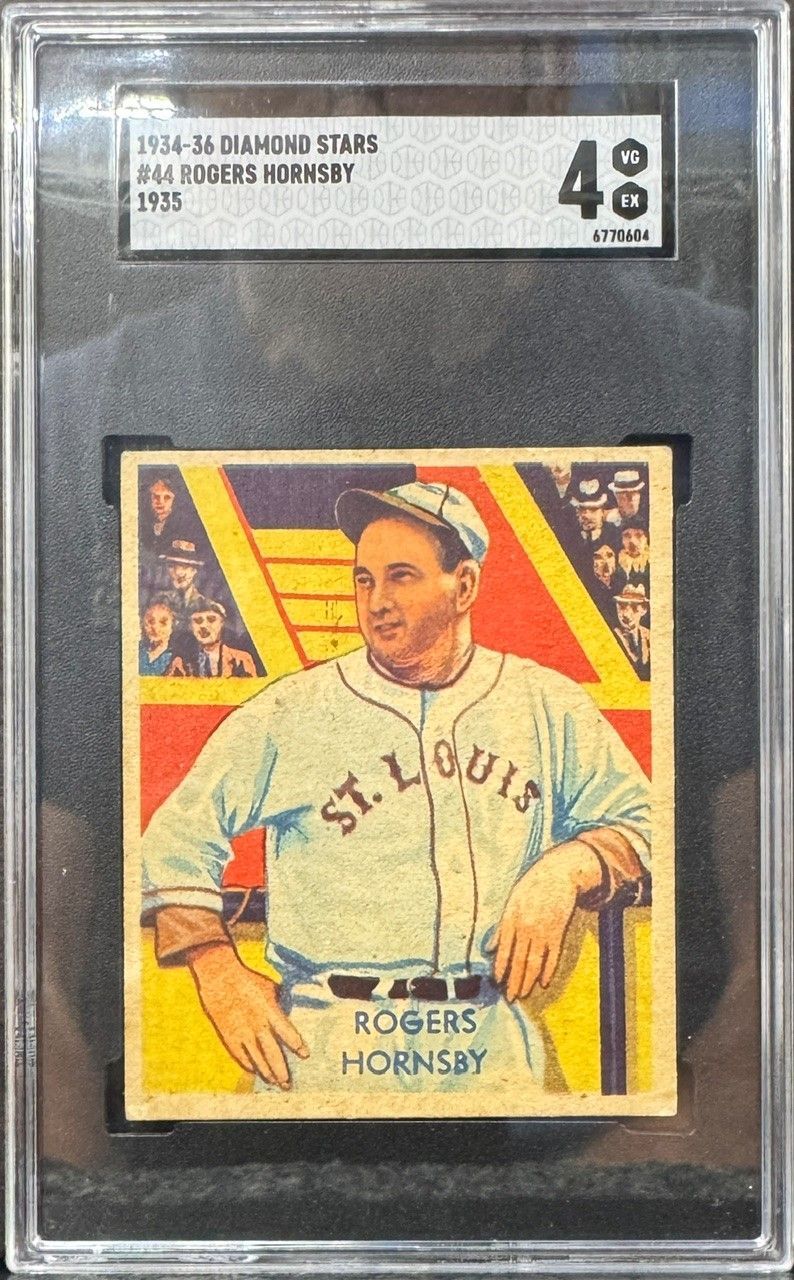 Graded vintage baseball card of Rogers Hornsby in a St. Louis uniform, slabbed in plastic.