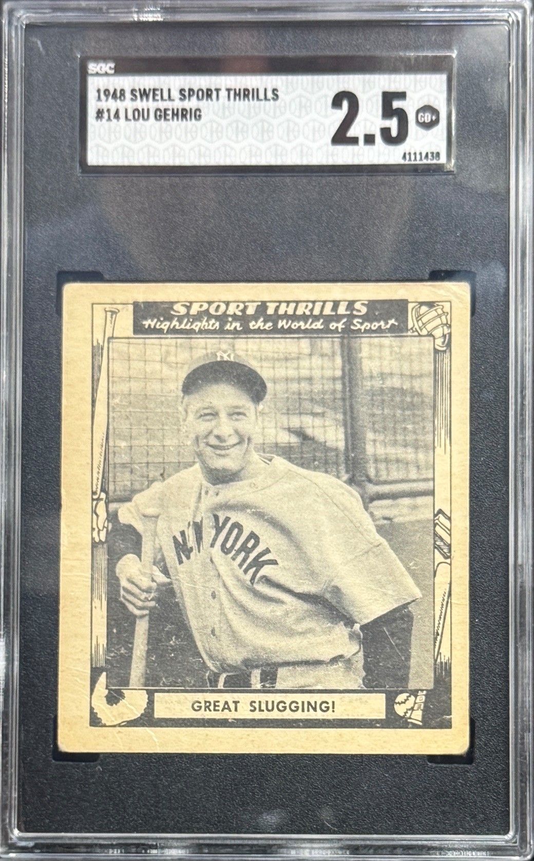Vintage baseball card in a graded holder, featuring a sepia-toned player portrait with a New York jersey.