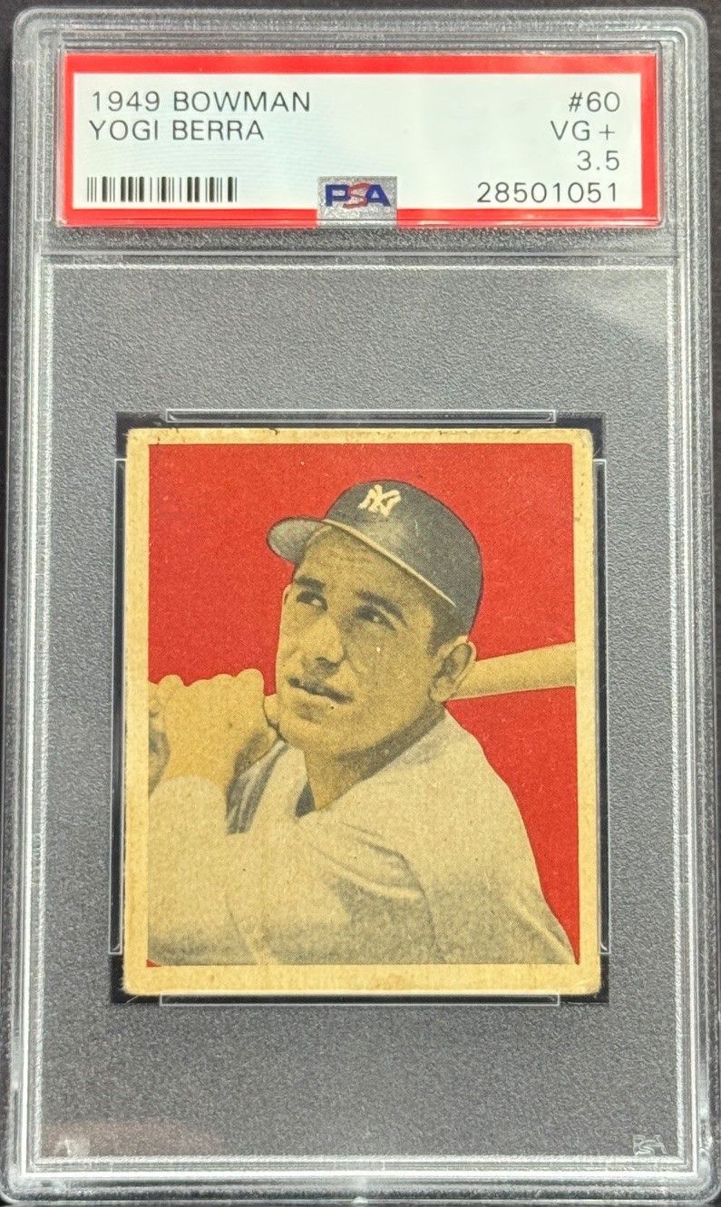 Vintage baseball card in a protective slab, showing a sepia portrait on a red background.