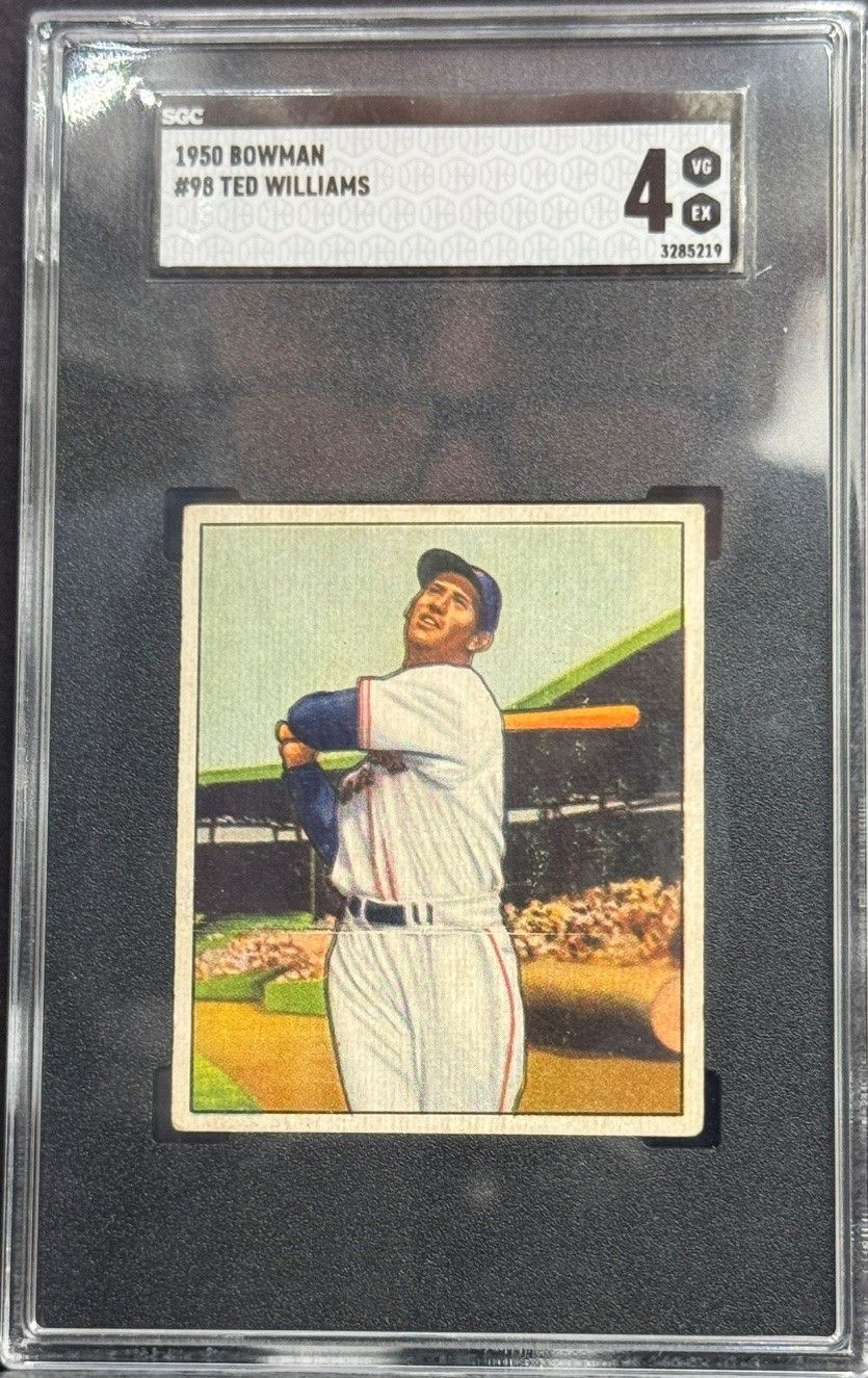 Vintage Ted Williams baseball card in a PSA slab, showing him swinging a bat.