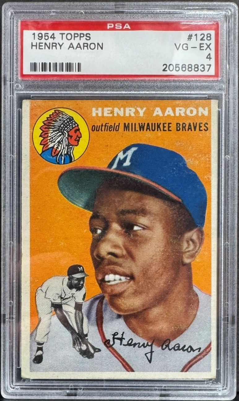 1964 Topps Henry Aaron baseball card in PSA slab, orange-bordered portrait of Milwaukee Braves player