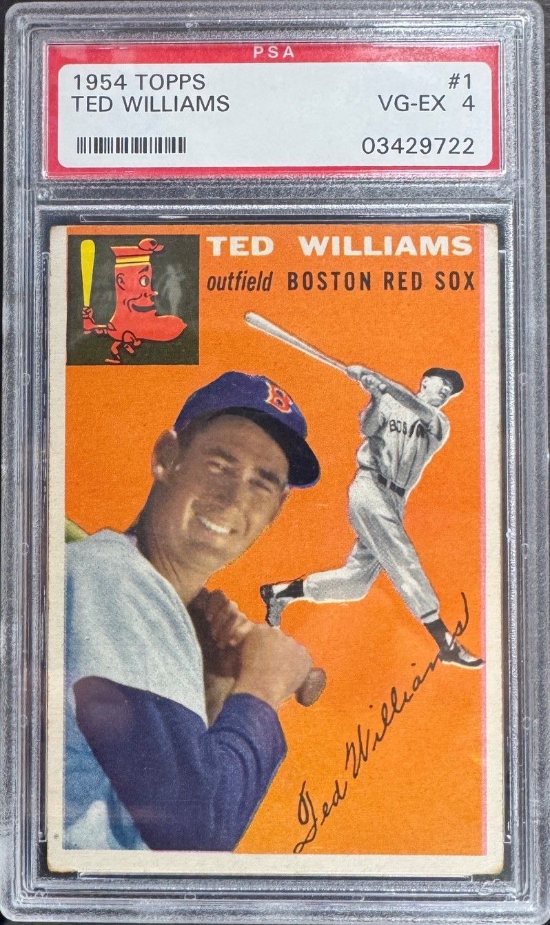 1954 Topps Ted Williams baseball card in a PSA slab, orange background, player batting pose