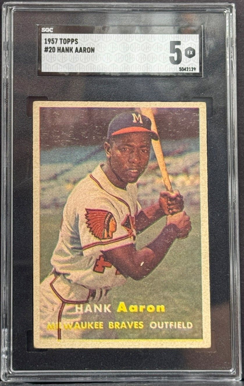 Graded Hank Aaron Milwaukee Braves baseball card in a clear protective slab