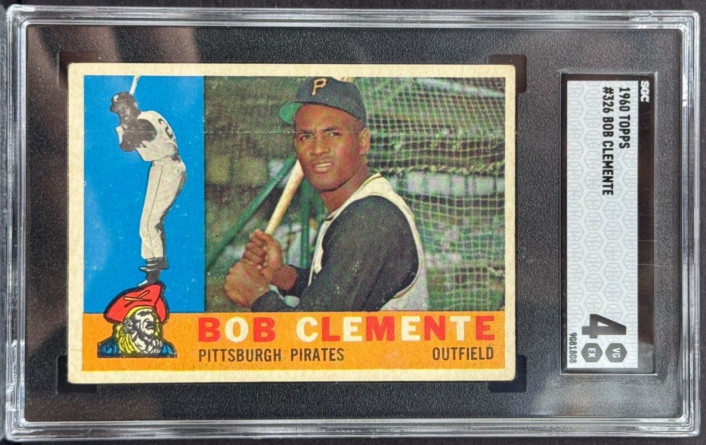 Bob Clemente Pittsburgh Pirates baseball card in a clear plastic holder, with batting photo and portrait.