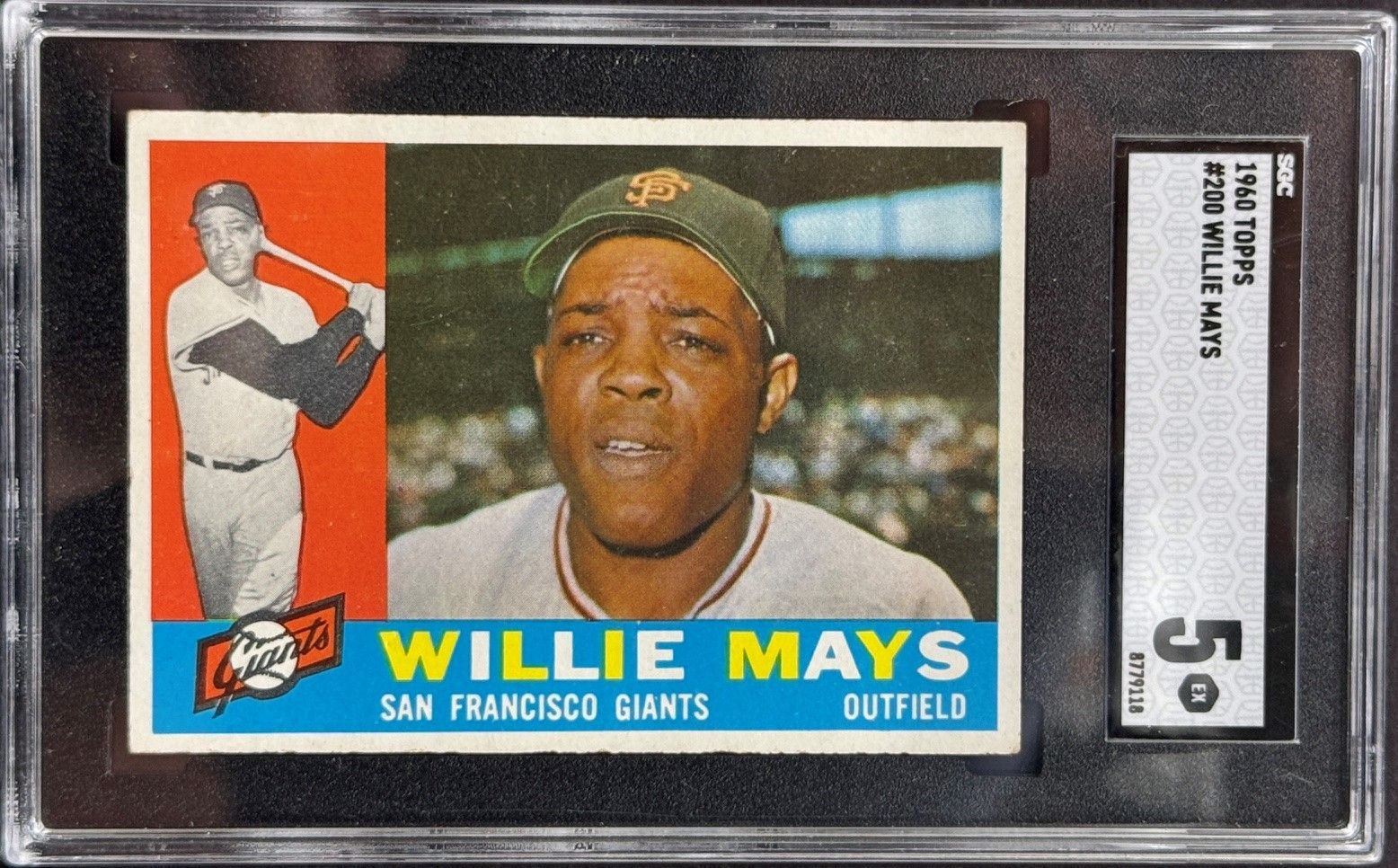 Willie Mays baseball card in PSA holder, orange and blue design, San Francisco Giants and outfield info