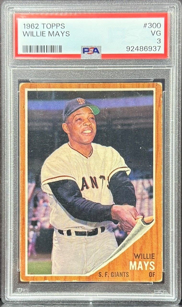 Graded Topps Willie Mays baseball card in PSA slab, showing Mays in a Giants uniform.
