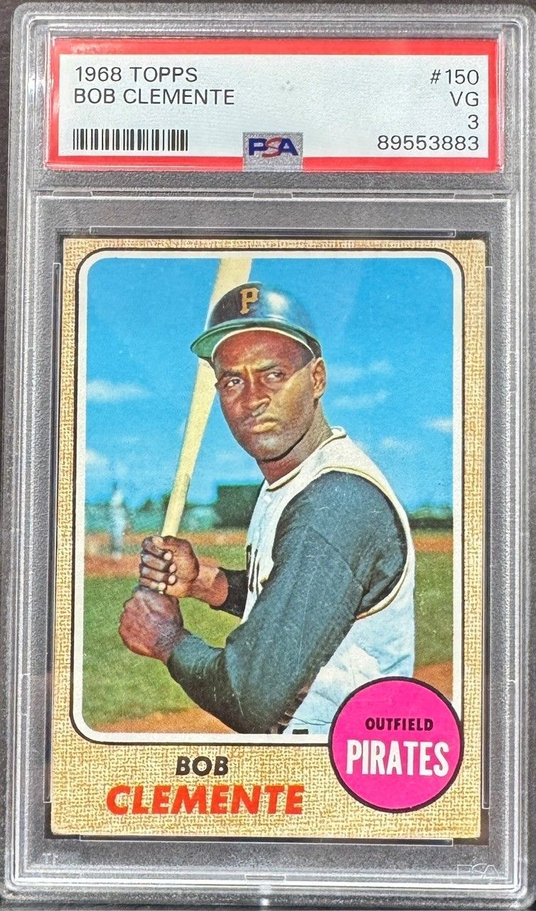 Bobby Clemente Pittsburgh Pirates baseball card in a PSA graded holder, with bat on blue background