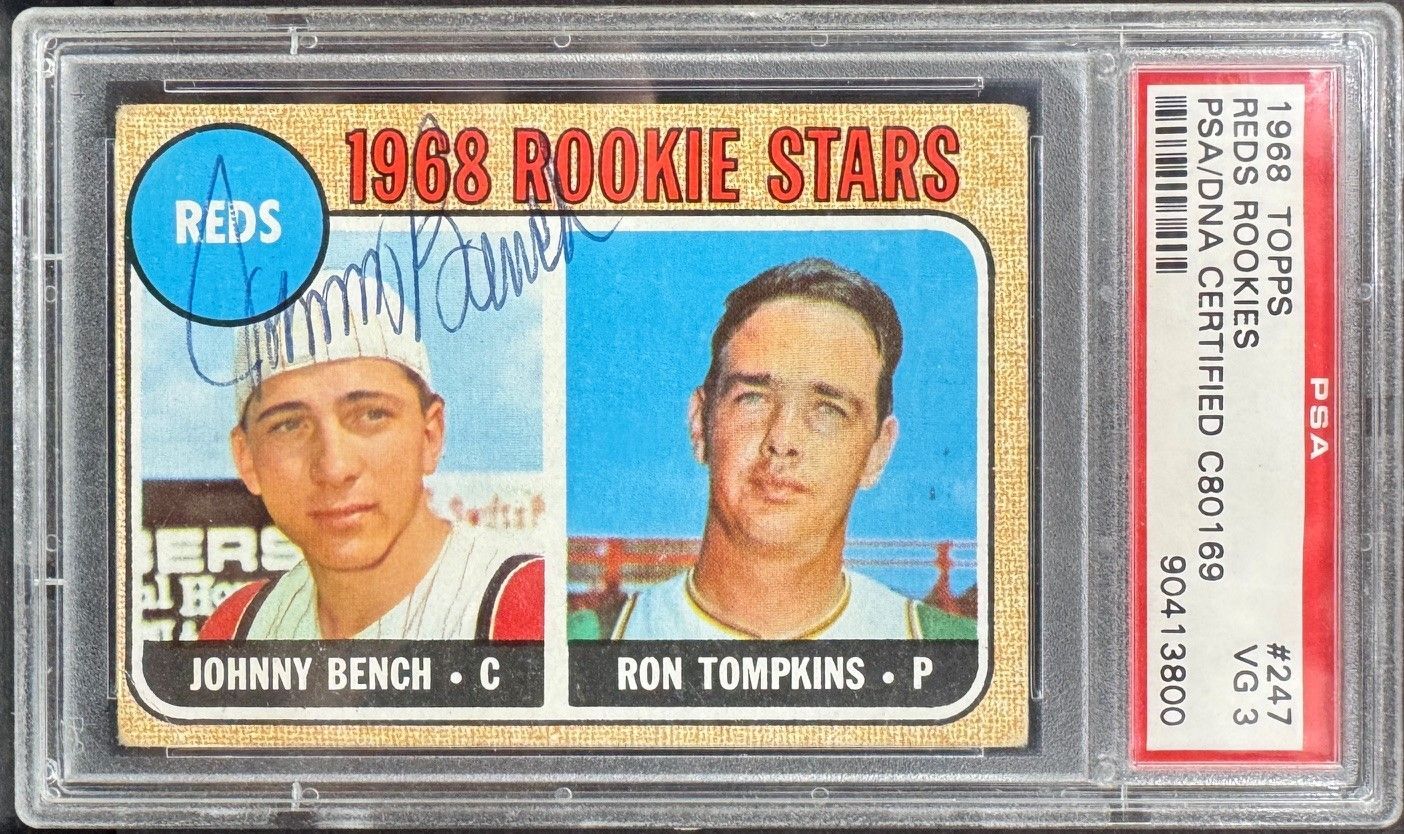 1968 Reds rookie stars baseball card featuring Johnny Bench and Ron Tompkins with player portraits and stats