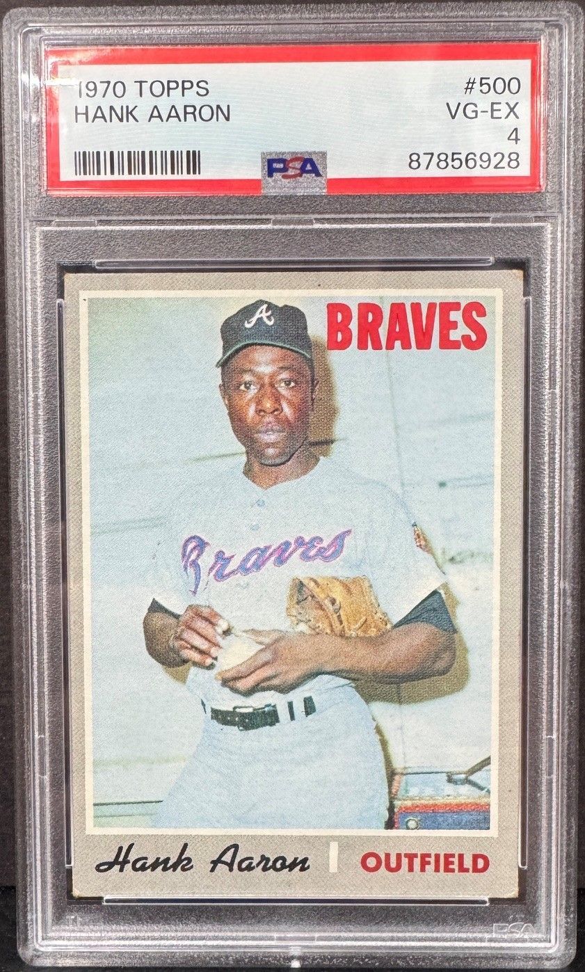 Graded 1970 Topps Hank Aaron Braves baseball card in PSA slab, with portrait and signature.