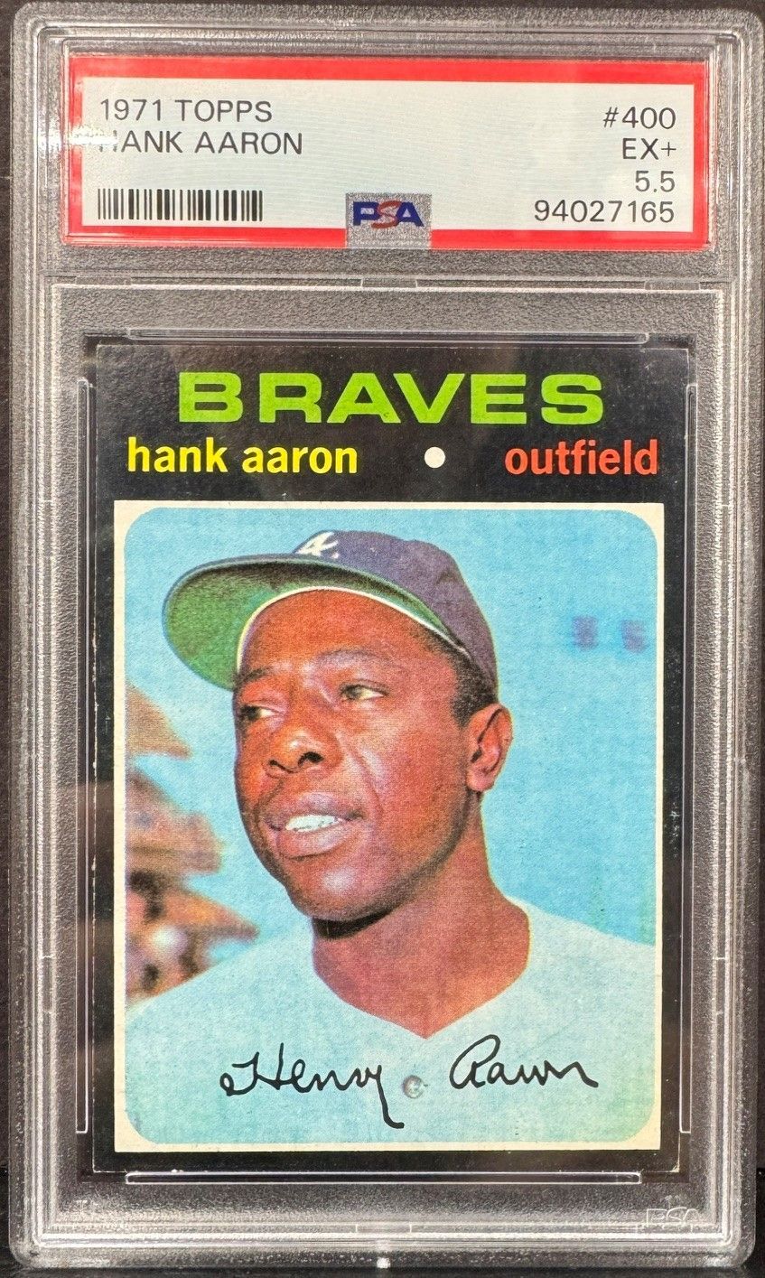 PSA-graded 1971 Topps Hank Aaron Braves baseball card, portrait with green cap and blue background