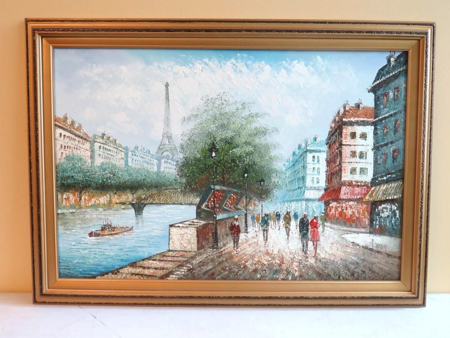 Oil painting of a Parisian street scene; Eiffel Tower in the distance, people walking along the river.