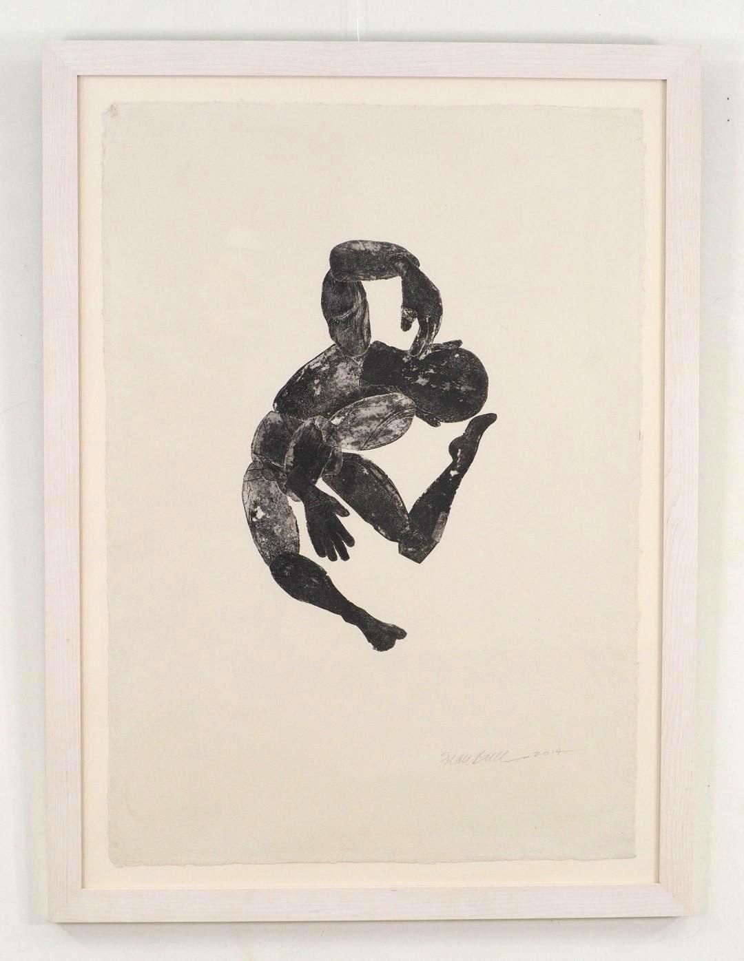 Abstract black ink figure in a white rectangular frame, posed in a seated position.