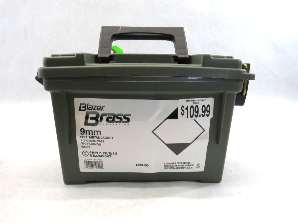 Green ammo can with black handle, labeled