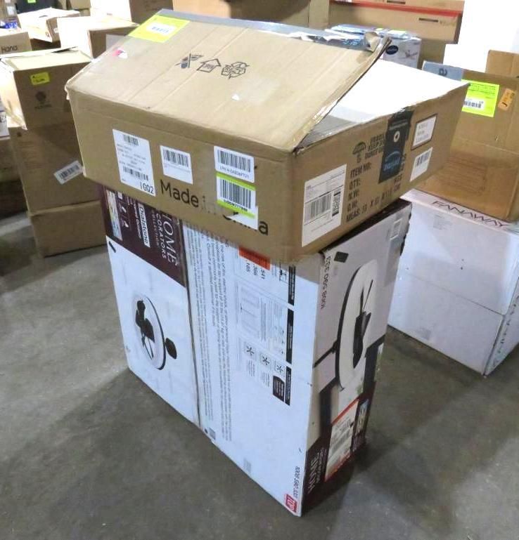 Two cardboard boxes stacked. One is a ceiling fan.