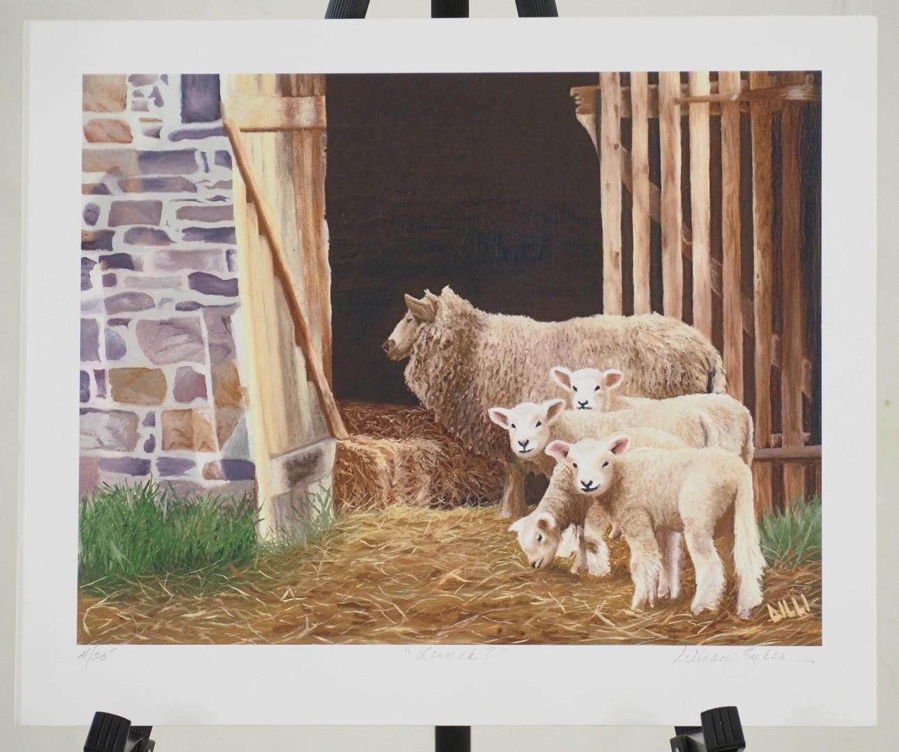 A sheep and three lambs in a barn. Hay and stone building details are visible.