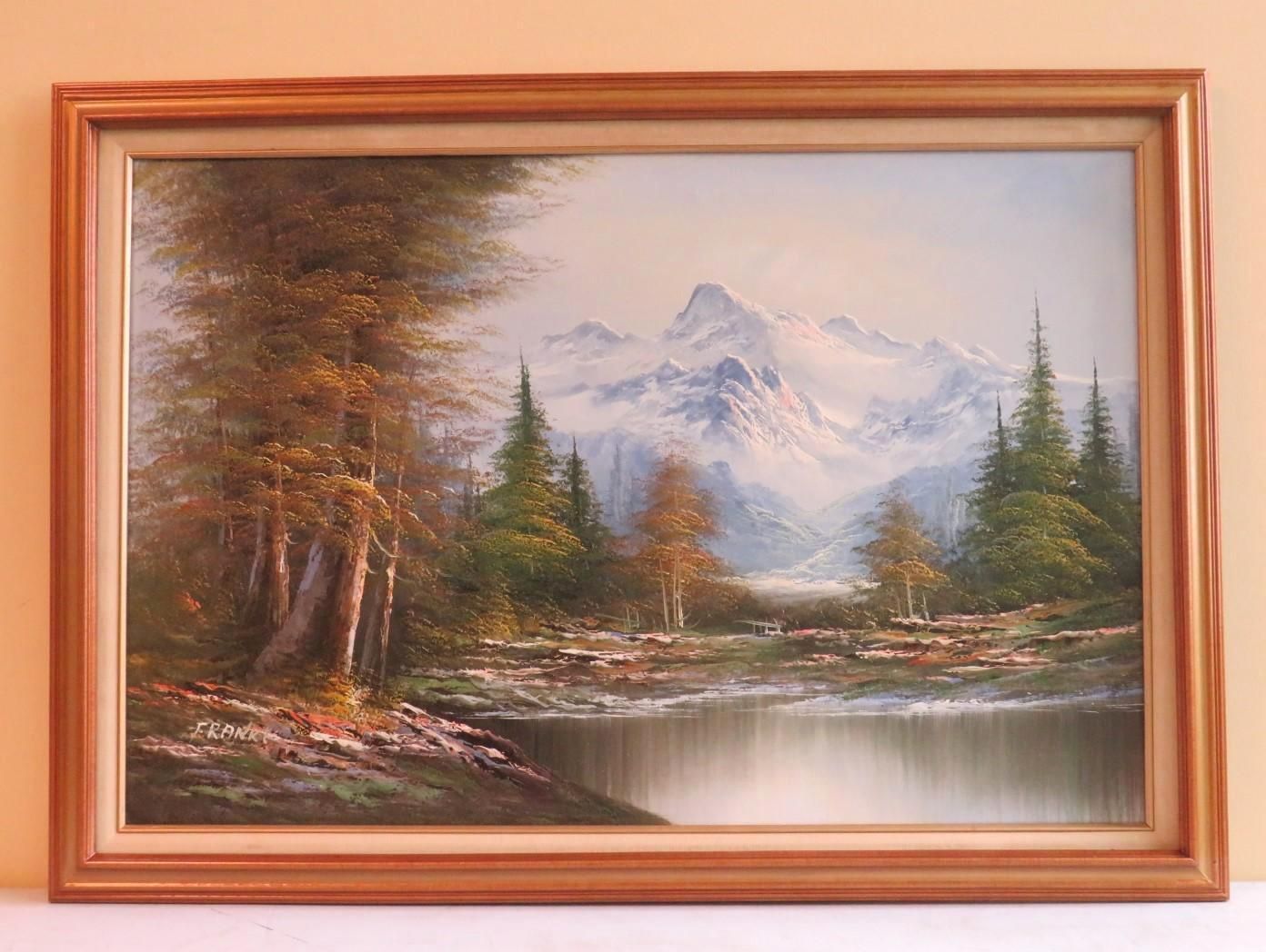 Oil painting of a mountain landscape with trees, a lake, and snow-capped peaks.