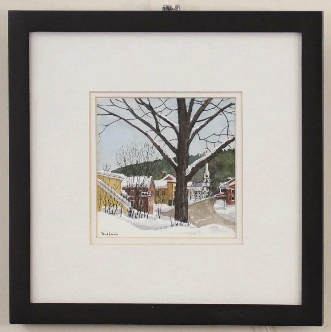 Watercolor painting of a snowy town square, framed. A bare tree dominates, buildings, and a church steeple are in view.