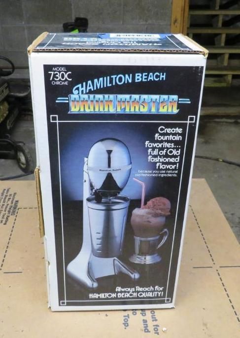 Box for a Hamilton Beach Drinkmaster milkshake maker. Chrome and silver colors are visible.