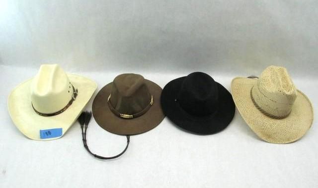 Four cowboy hats in various colors: white, brown, black, and tan straw.