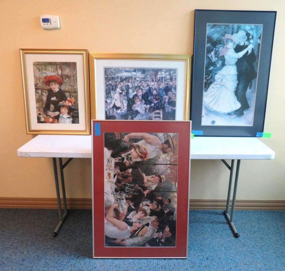 Four paintings depict people, figures, and scenes in various styles.